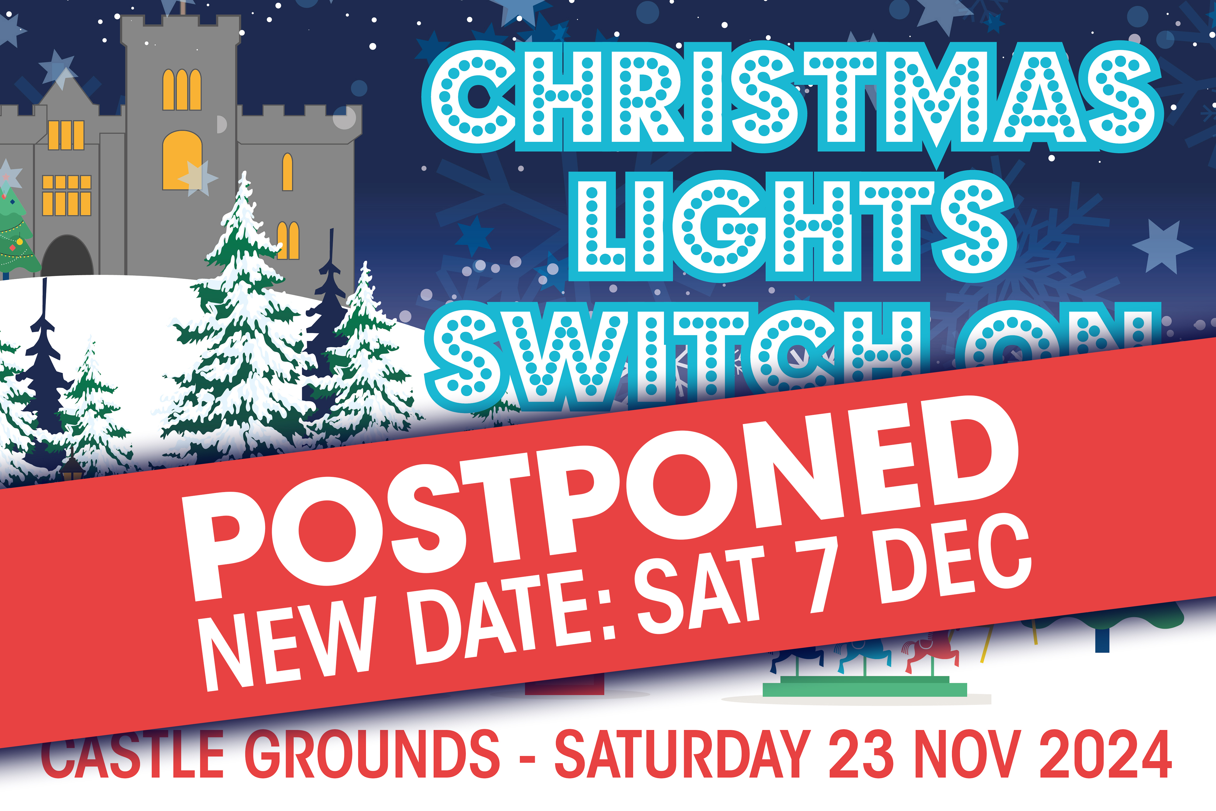 Christmas lights banner with a red banner across saying postponed and the new date