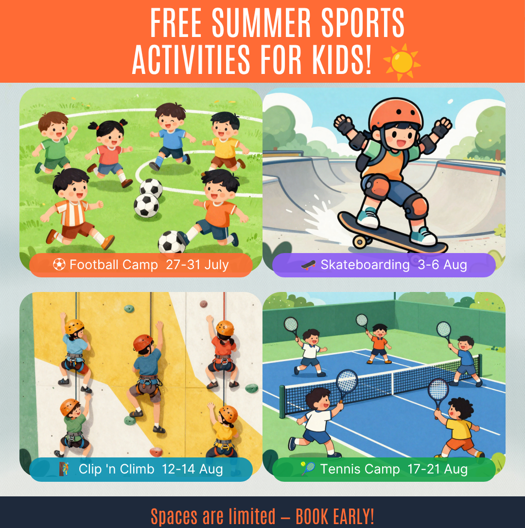 Graphic of different cartoon children playing different sport activities