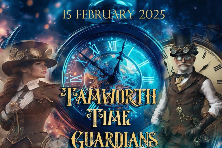 poster of two people in hats dressed as time guardians and a clock on a blue background