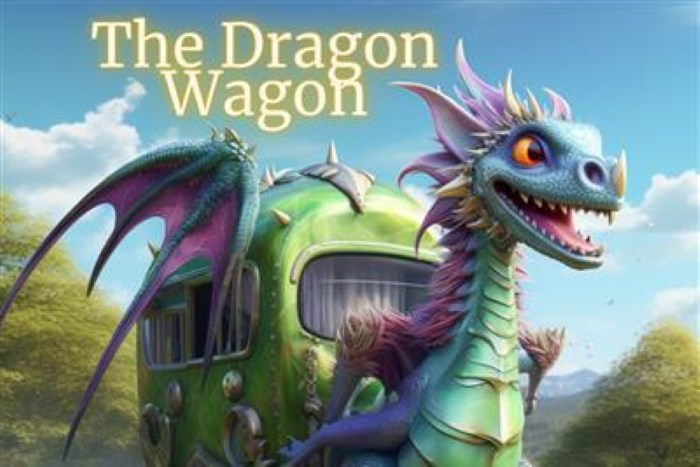 The Dragon Wagon poster. A blue animated dragon with a green animated caravan on his back. The dragon is in front of some trees and there is a blue sky with a couple of clouds.