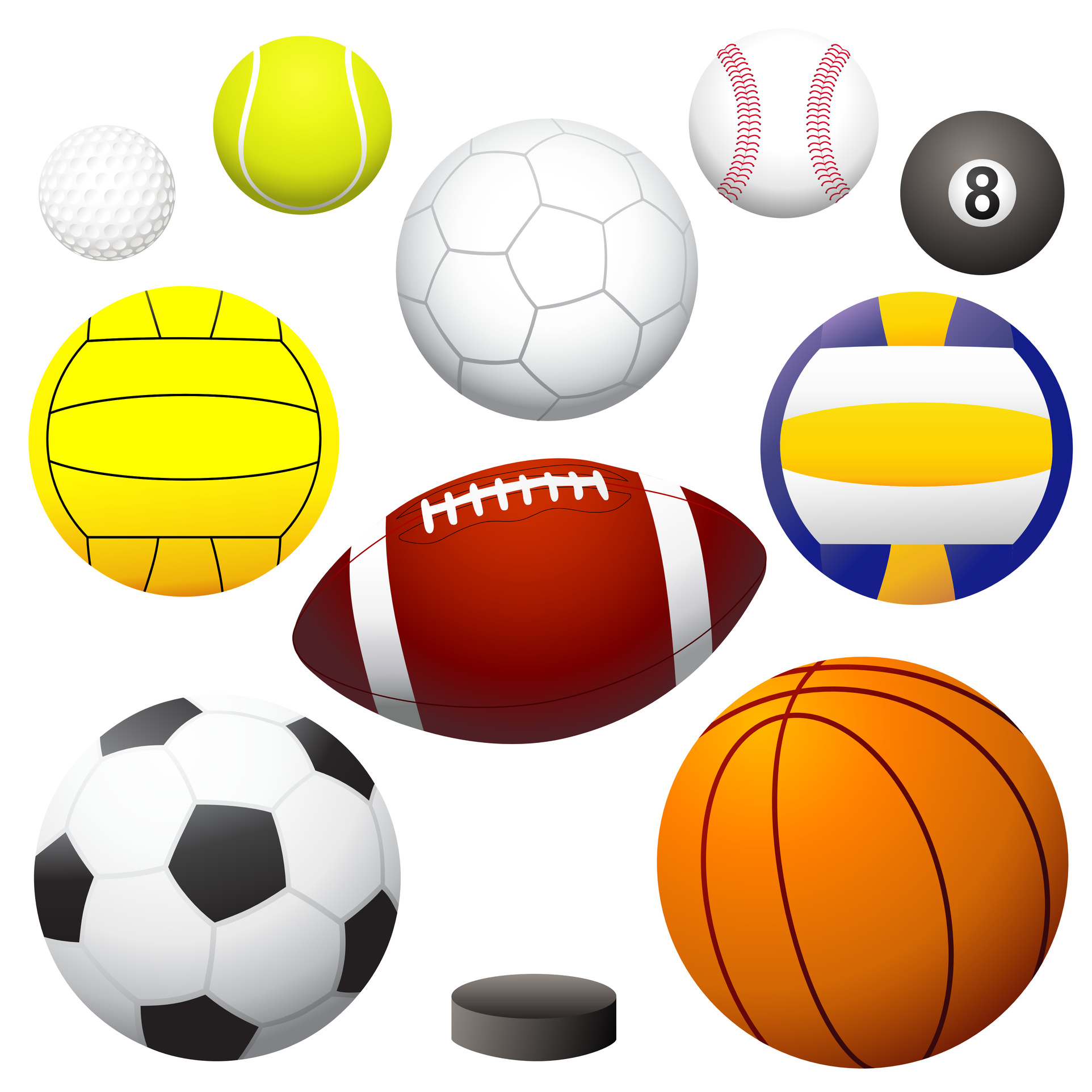 a gold ball, tennis ball, volley ball, cricket ball, snooker ball, rugby ball, basketball, football, ice hockey put on a white backgrouhnd
