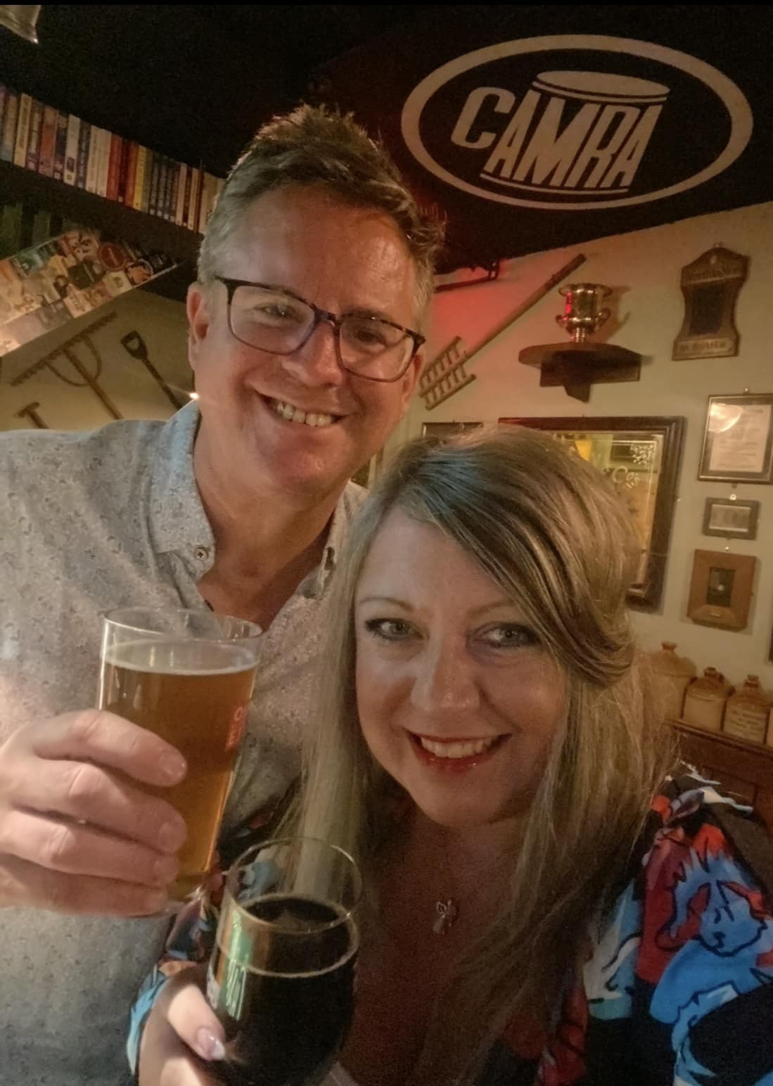 photo of George and Louise in the Tamworth Tap holding a drink