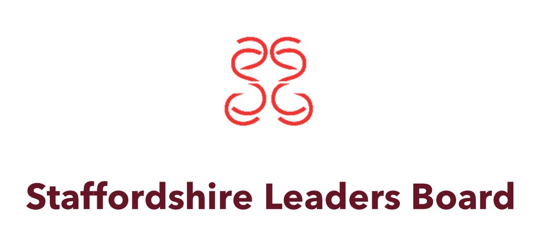 Graphic of a logo with white background and red swirl symbol, with writing 'Staffordshire Leaders Board' underneath