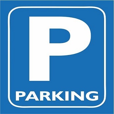 blue sign with white letter P and parking