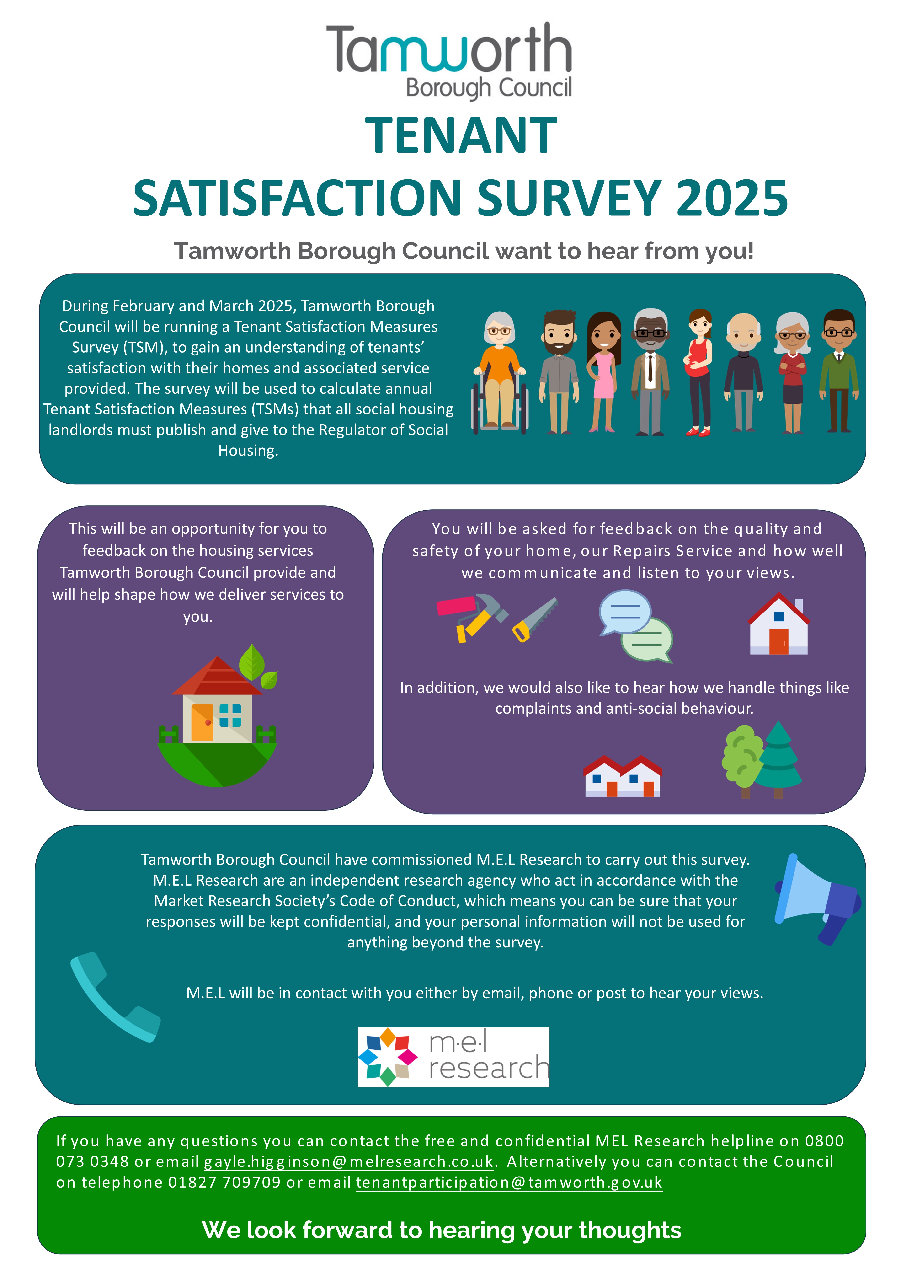 poster with details about a tenant survey on green and purple boxes