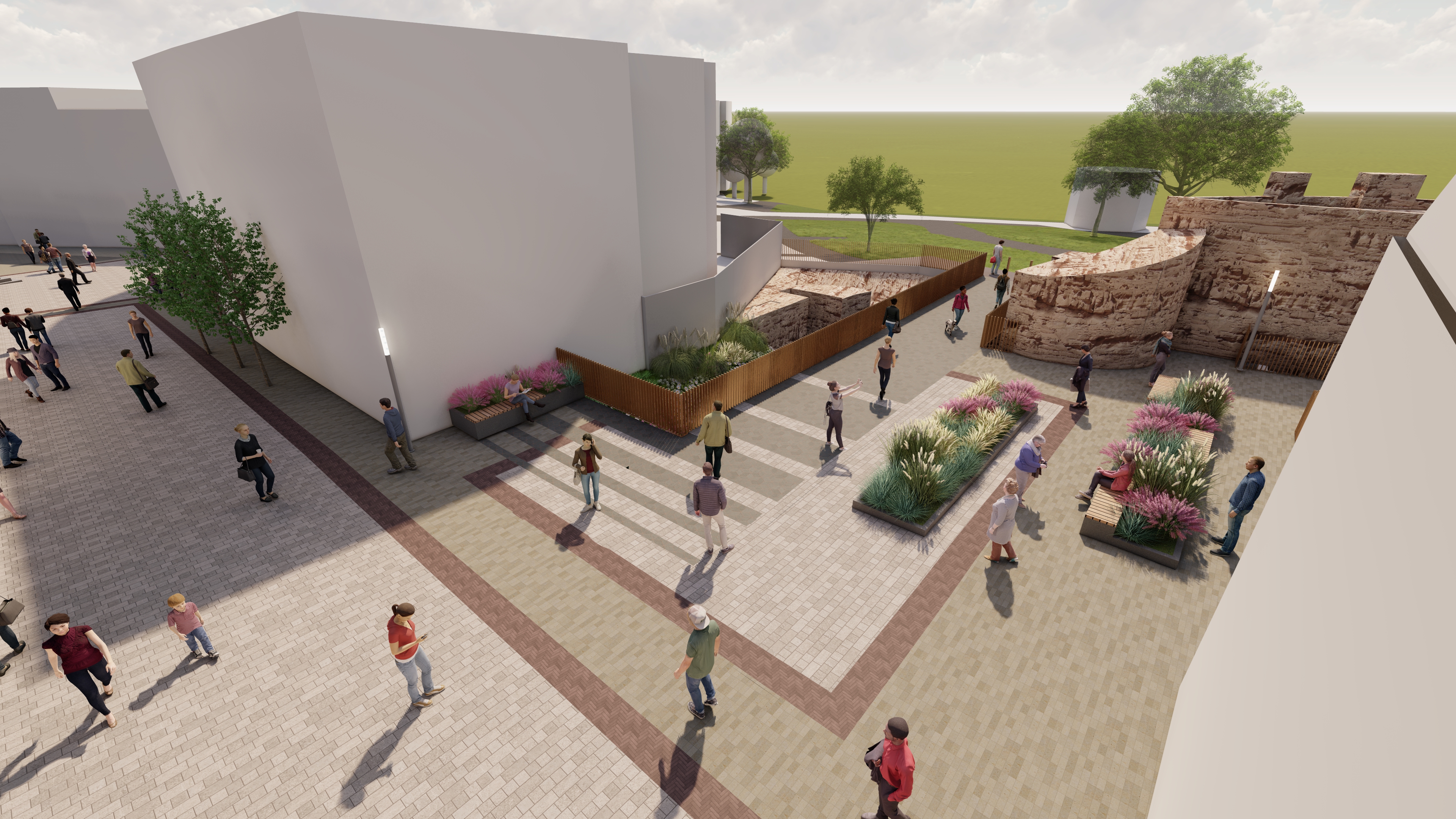 artists impression of an area showing a wider walkway to a green space