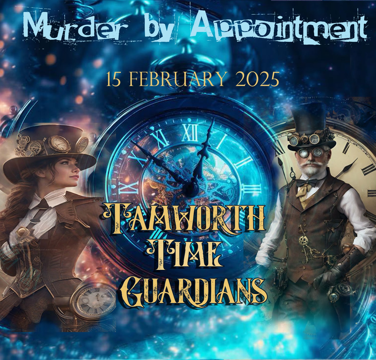 poster of two people in hats dressed as time guardians and a clock on a blue background