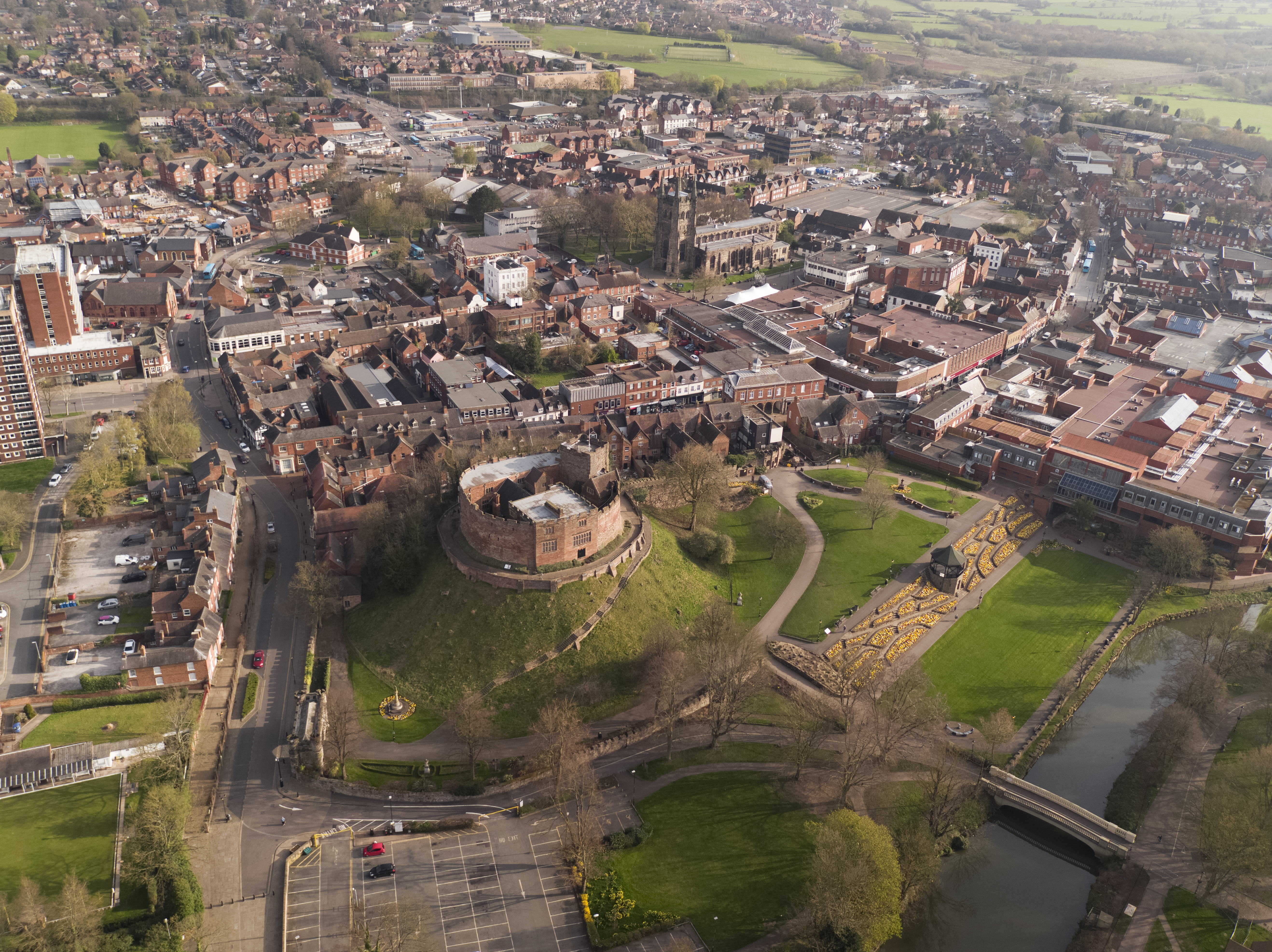 drone view of the town centre and castle