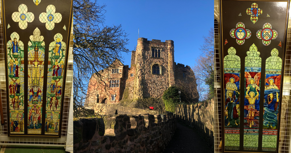 A picture of the front of Tamworth Castle with two images of stained glass either side