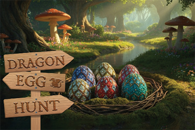 graphic of a forest with eggs in a nest and a sign saying dragon egg hunt