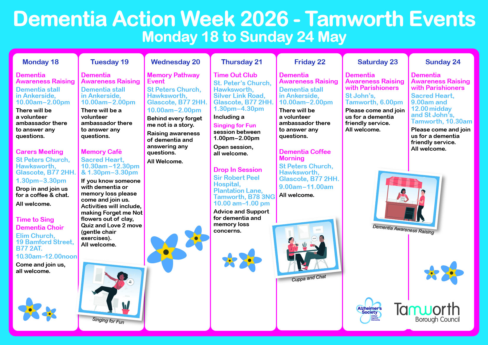 calendar stating events happening for a dementia action week. Colours light blue teal and pink and black lettering