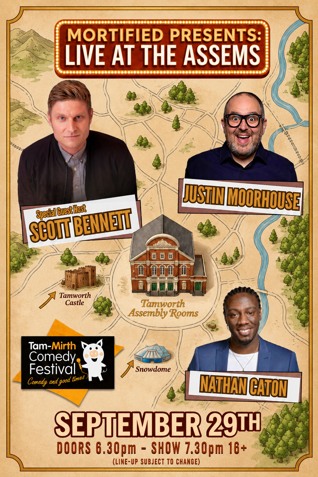 poster with beige background and 3 images of male comedians