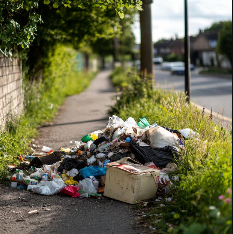 image of rubbish on the ground by a path, road and grass verges