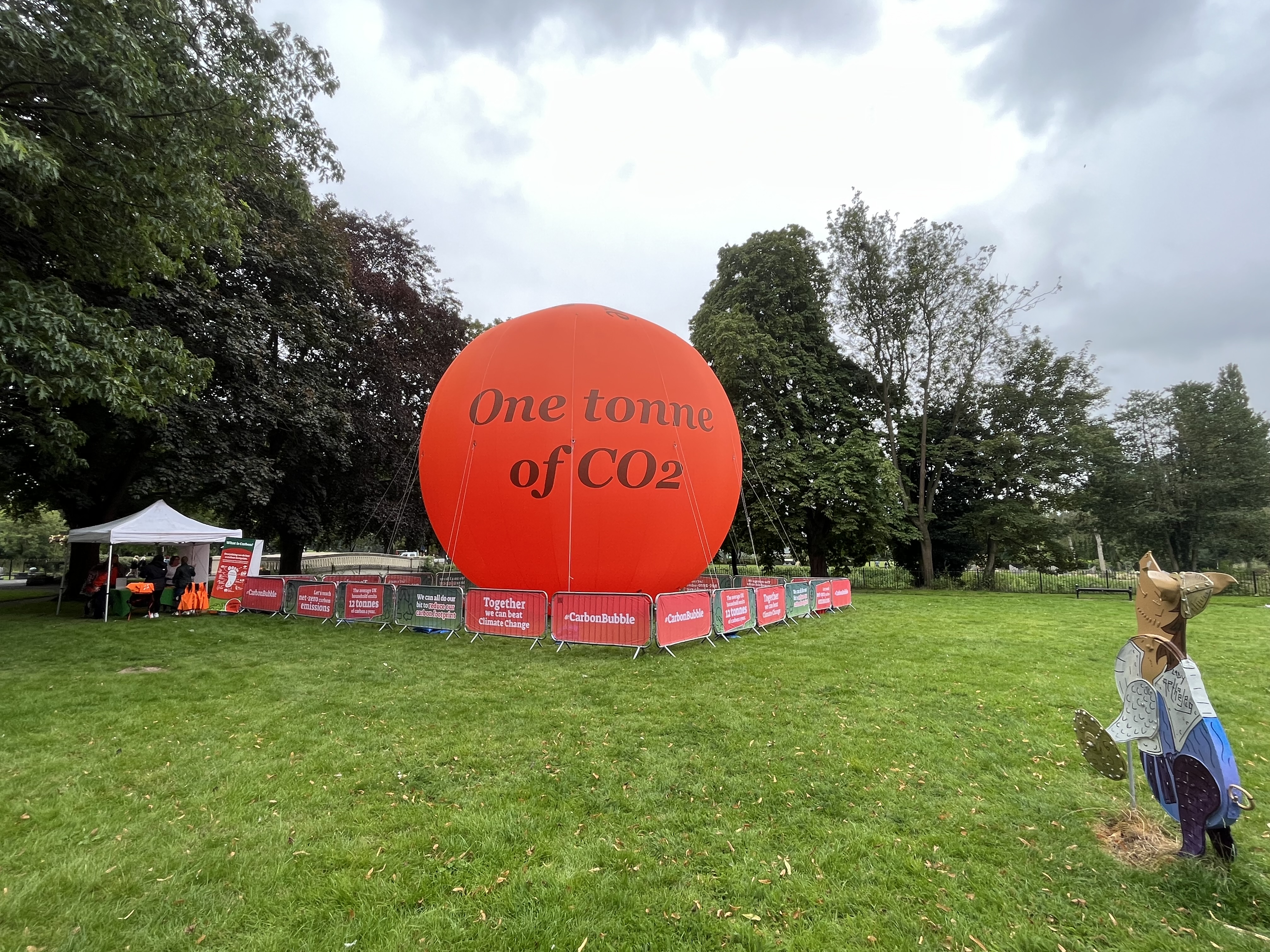 large red bubble in a field with one tonne of CO2 wording