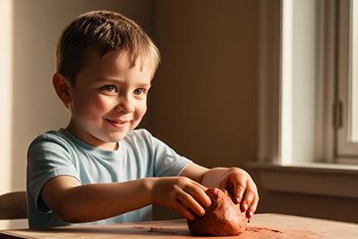 A child in a blue top holding some clay