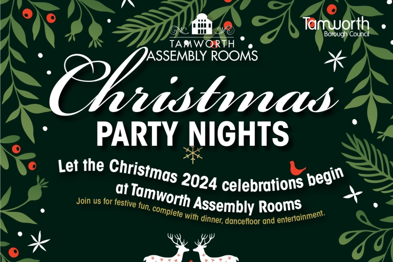 Poster with black background and green holly leaves around the edge. Wording in white letters 'Christmas Party Nights'. 