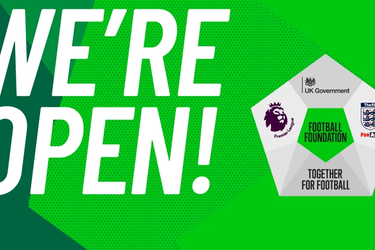 graphic with green background, FA logo and large white writing saying 'We're open'..