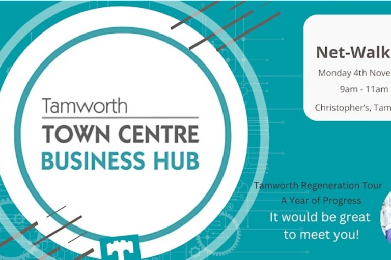 poster with teal background and a white circle with writing 'Tamworth town centre business hub'.