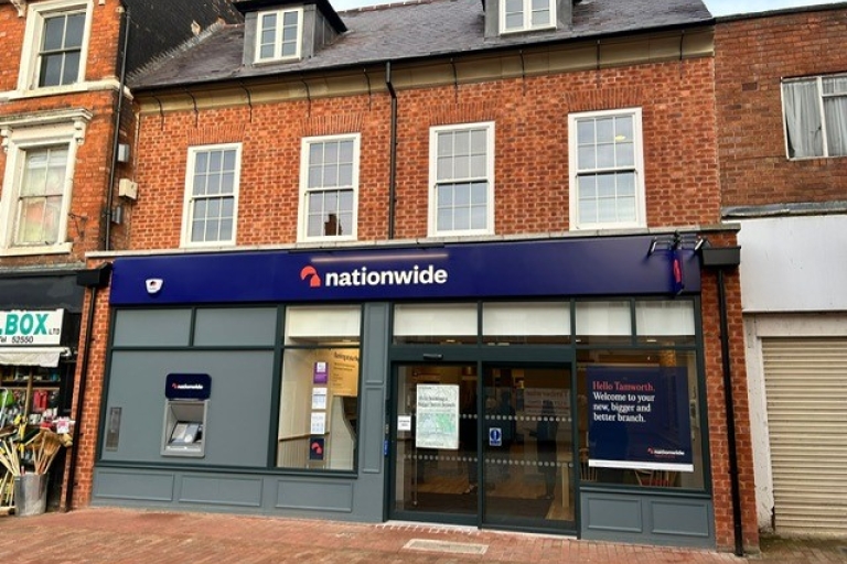 photo of Nationwide building with new blue shop front and new renovated Georgian style building