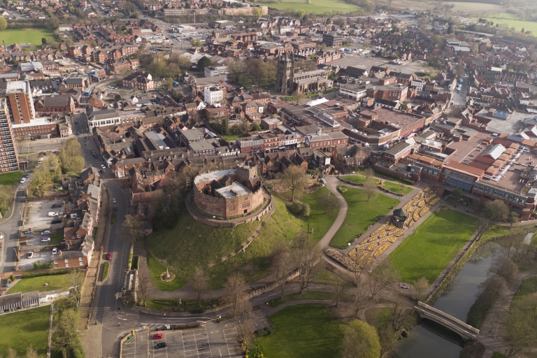 drone view of the town centre and castle 