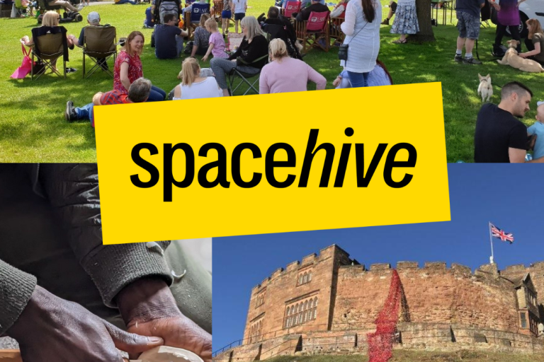 Picture with people and Tamworth castle, with Spacehive and Tamworth Borough Council logo