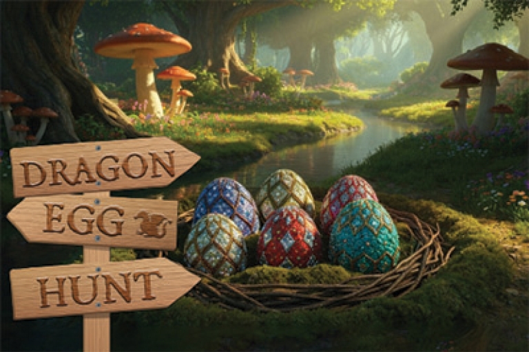 graphic of a forest with eggs in a nest and a sign saying dragon egg hunt