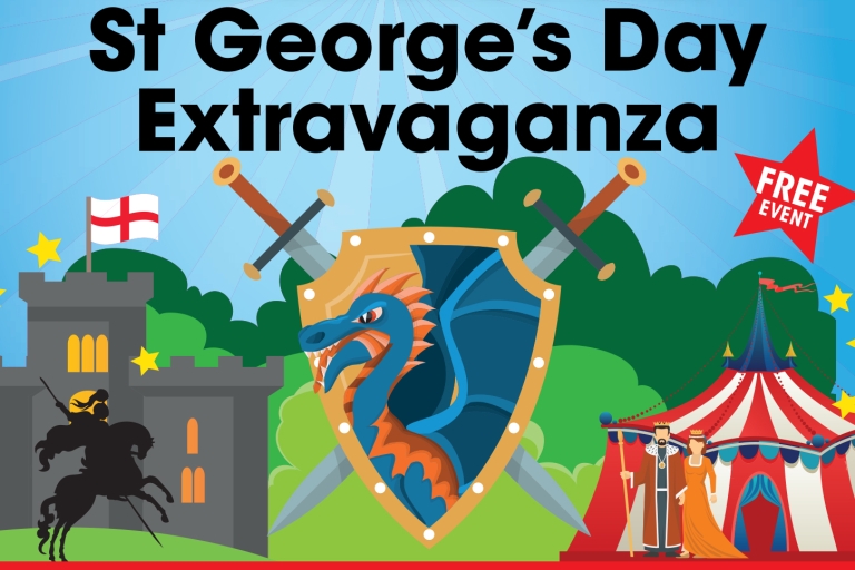 poster showing a shield, castle, black knight on a horse and a red and white stripped tent