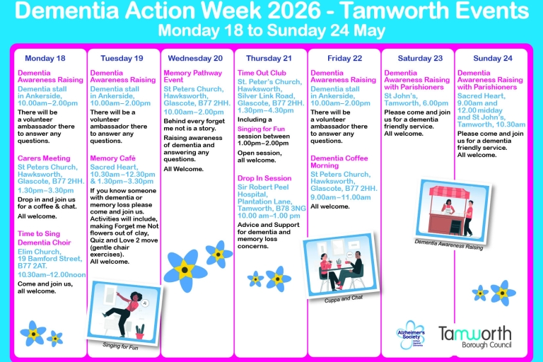 calendar stating events happening for a dementia action week. Colours light blue teal and pink and black lettering