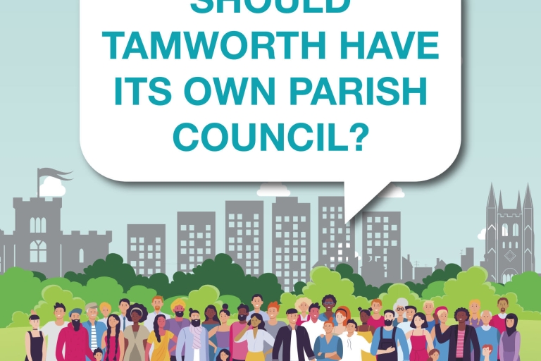 A graphic with lots of people at the bottom on some grass in front of a skyline of buildings with a big speech bubble above saying 'should Tamworth have its own parish council?'