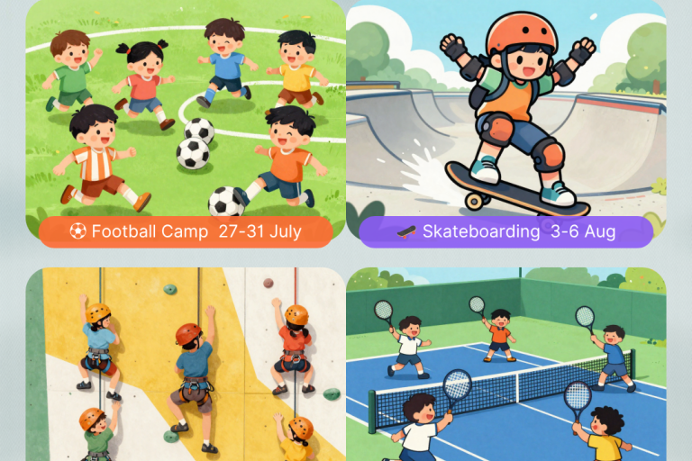 Graphic of different cartoon children playing different sport activities