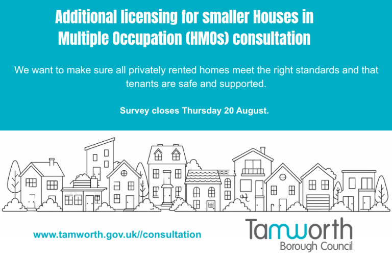 Graphic with an outline of houses at the bottom and a teal box above with the survey information
