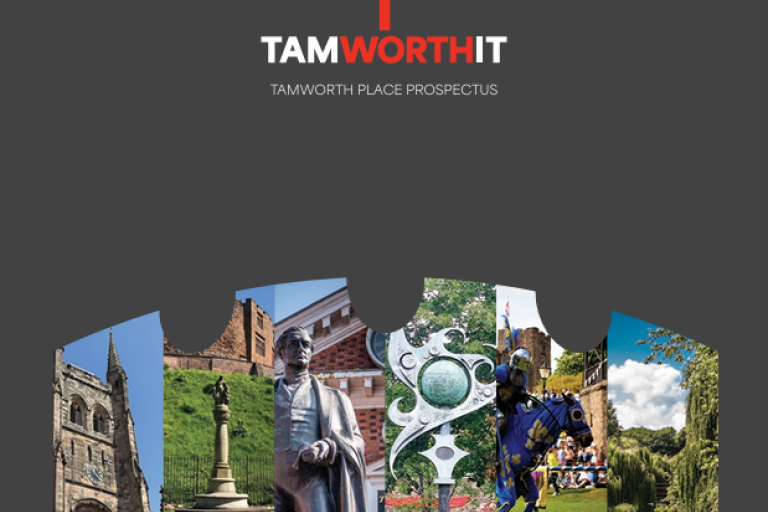 Tamworth landmarks at the bottom of the image with a Tamworthit red and white logo above