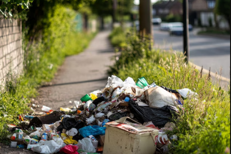 image of rubbish on the ground by a path, road and grass verges