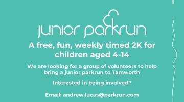 Text on a green background that provides contact details for volunteers to email regarding the junior parkrun