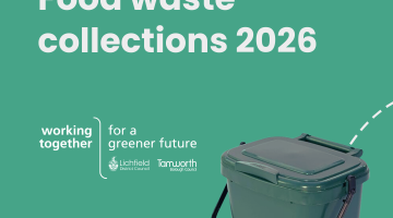 Graphic with a green background and a image of a small grey bin gaddy with the heading 'food waste collections 2026'.