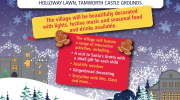 poster with a blue sky, snowy scene of Christmas trees, a castle and details of the festive village dates