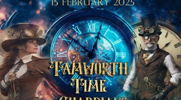 poster of two people in hats dressed as time guardians and a clock on a blue background