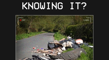 Pile of fly-tipped rubbish on a country road. Text: ‘Could you be fly-tipping without even knowing it?