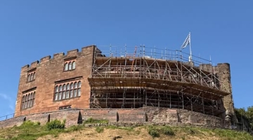Tamworth Castle with scaffolding on the outside
