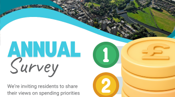Graphic with an aerial view of Tamworth at the top, information about the annual survey below and then a graphic stack of coins and numbers 1,2,3 in traffic lights on the right